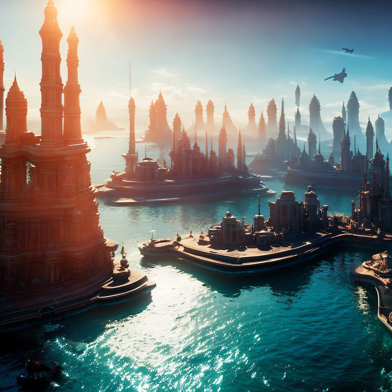 Futuristic cityscape with tall spires and buildings at sunset