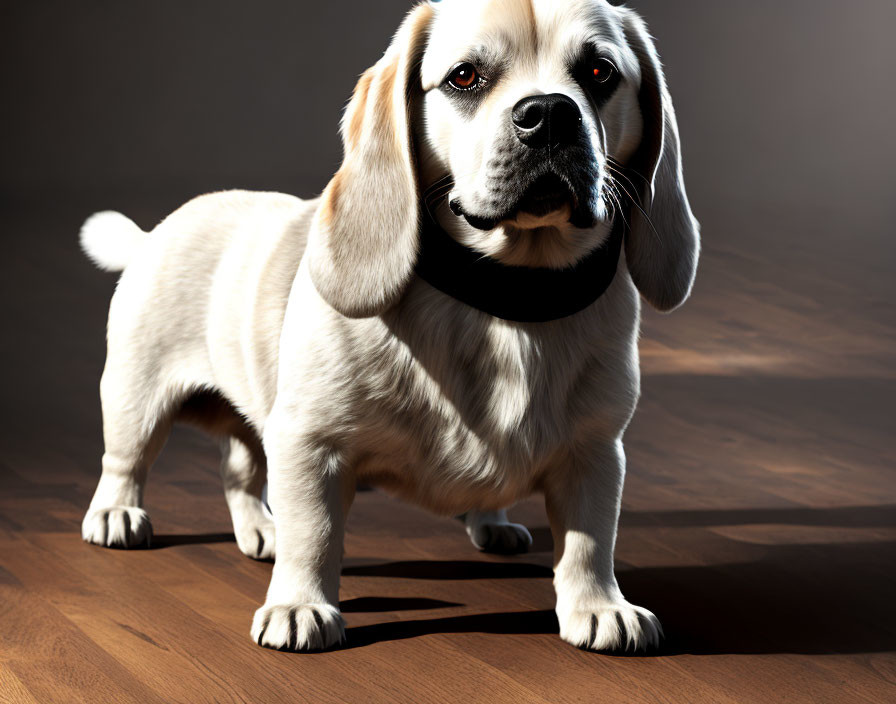 Tan and White Beagle with Floppy Ears on Wooden Floor in Warm Light