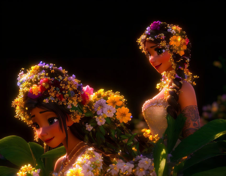 Two animated female characters in floral crowns in dark setting.