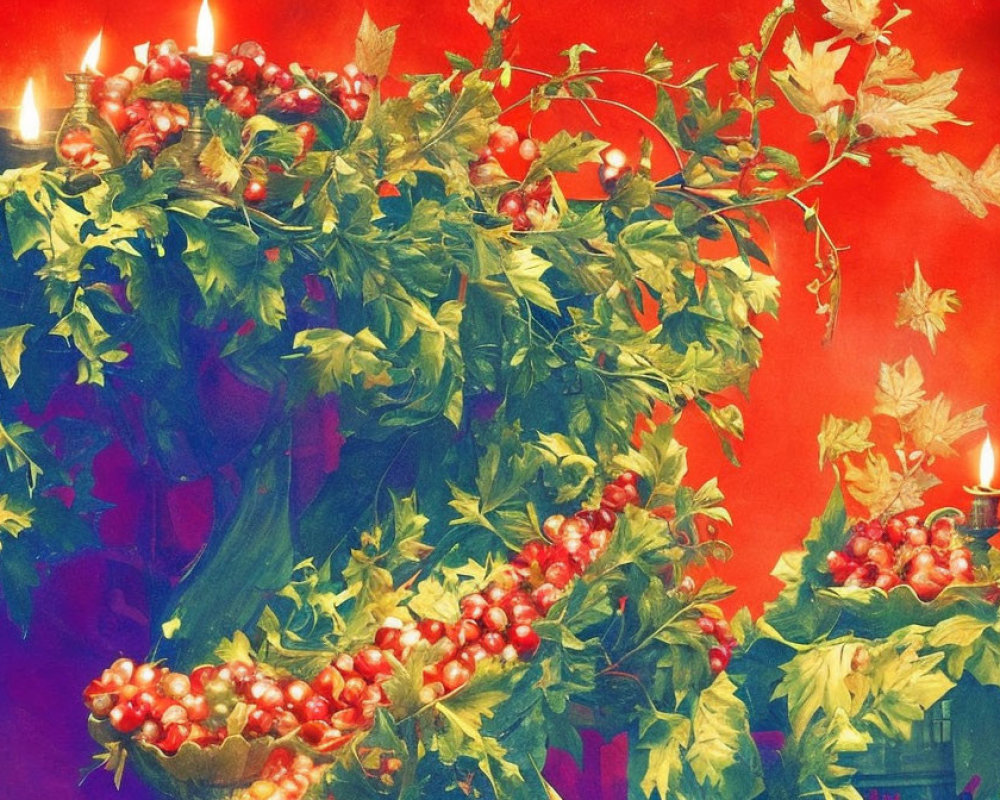 Festive holly leaves, red berries, and candles on red background