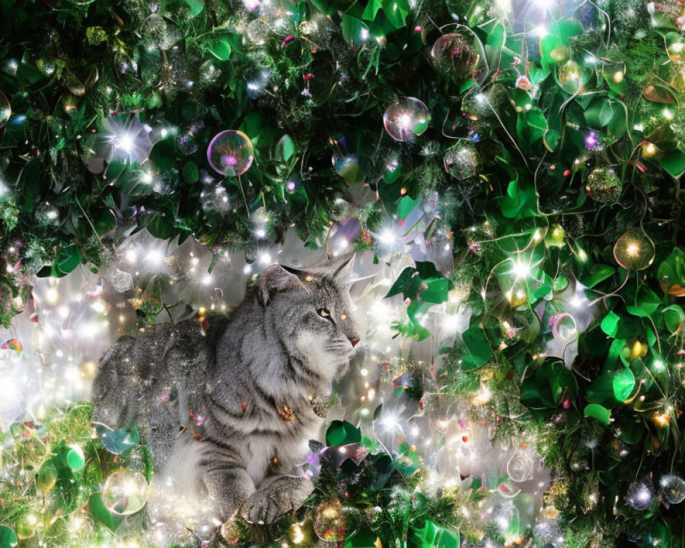 Lynx blending with Christmas decorations and lights.