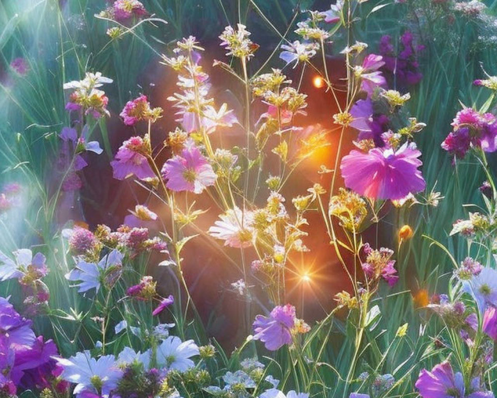 Vibrant wildflowers under soft sunlight amidst green foliage.