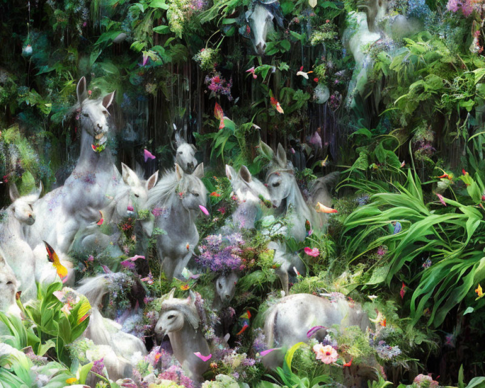 Ghostly White Horses in Mystical Flora with Ethereal Mist