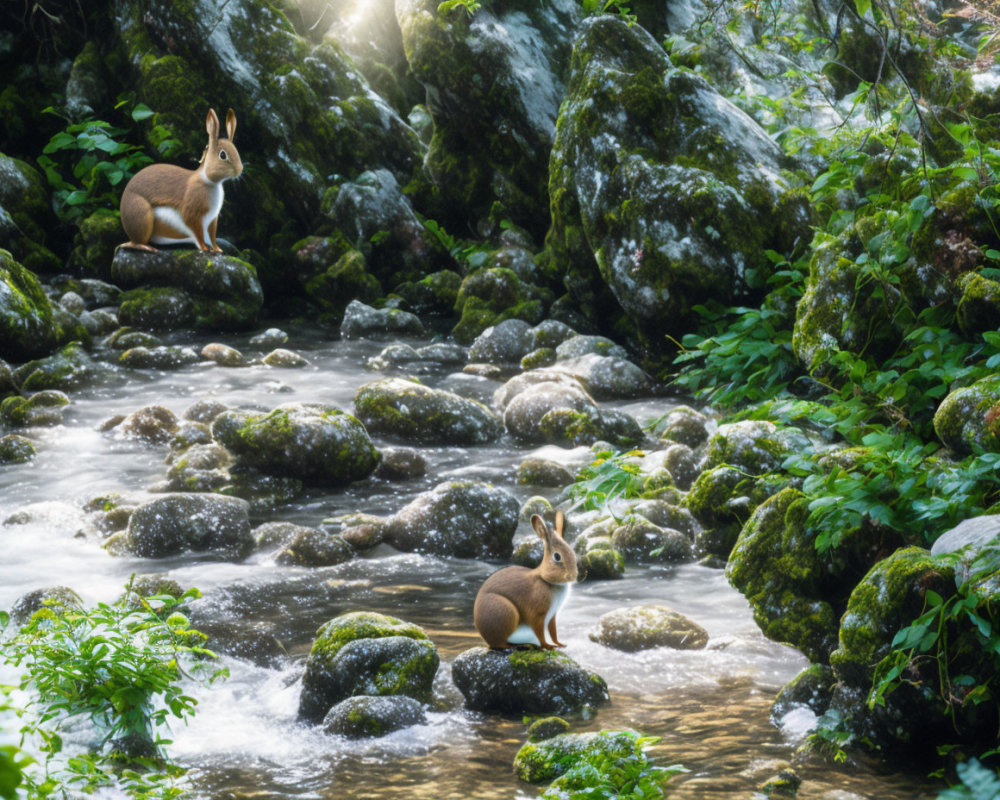 Rabbits on rocks near forest stream in sunlight.