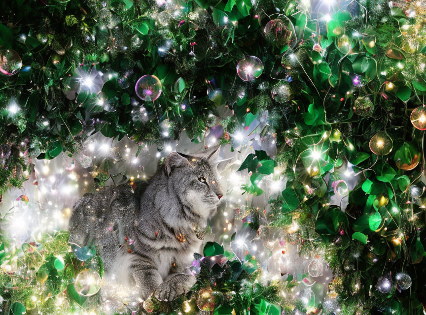 Lynx blending with Christmas decorations and lights.