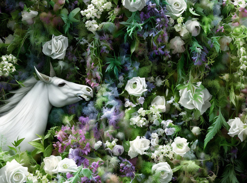 Mythical white unicorn surrounded by lush flowers and green foliage