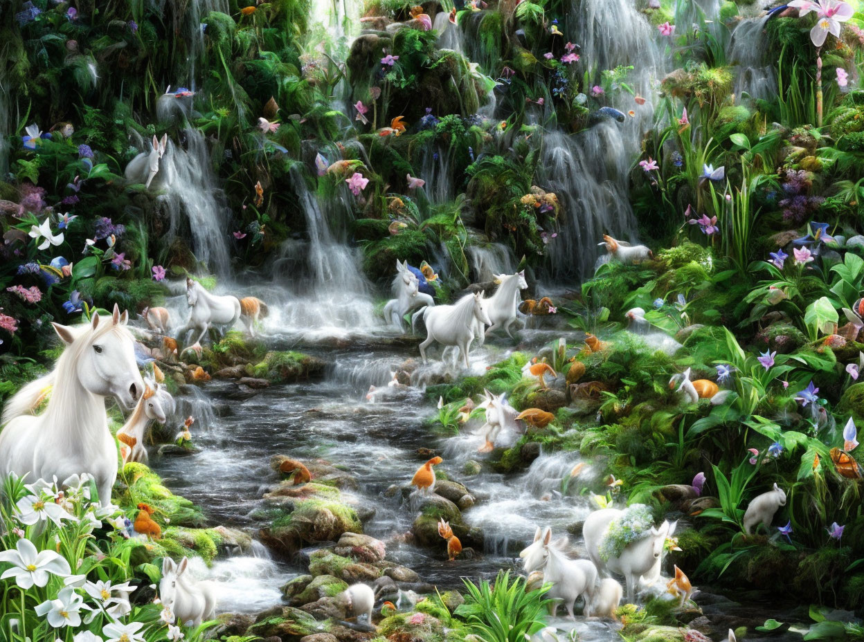 Enchanted forest with unicorns, rabbits, waterfall, and flowers