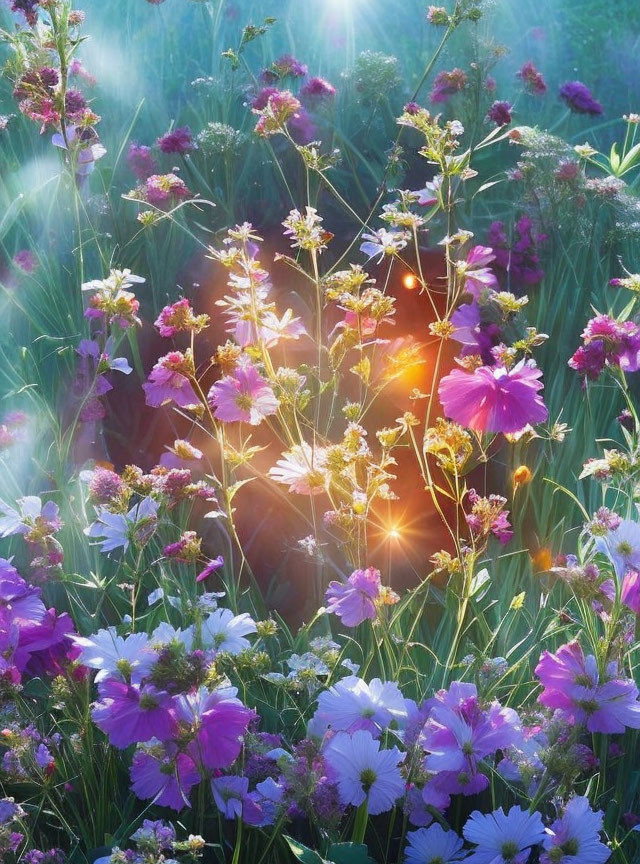 Vibrant wildflowers under soft sunlight amidst green foliage.