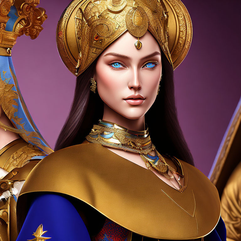 Digital Artwork: Woman in Golden Armor with Striking Blue Eyes