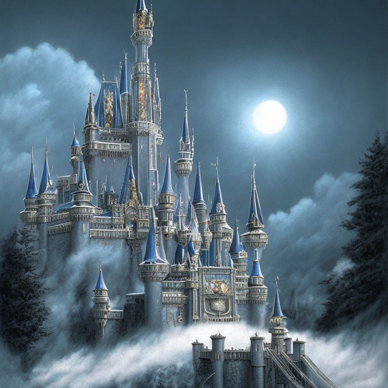 Mystical castle with spires under full moon and misty bridge