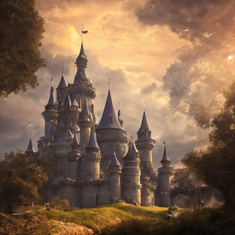 Fantasy castle with spires under dramatic sky and floating ships