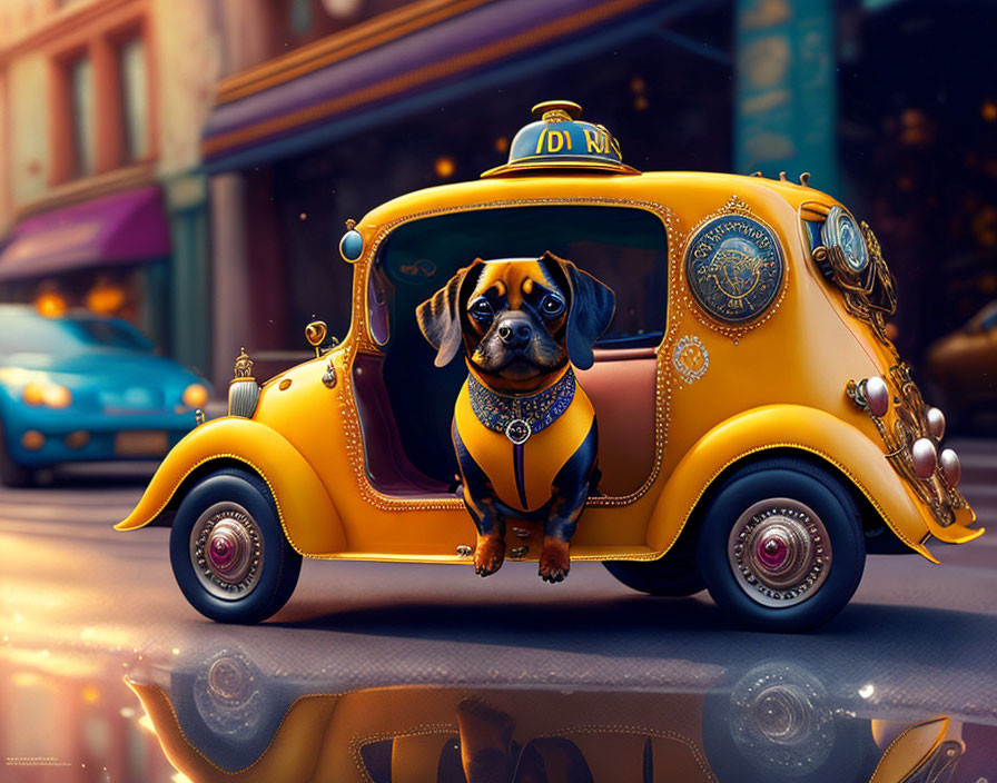 Stylized image of dapper dog in jeweled collar inside vintage yellow taxi on city street