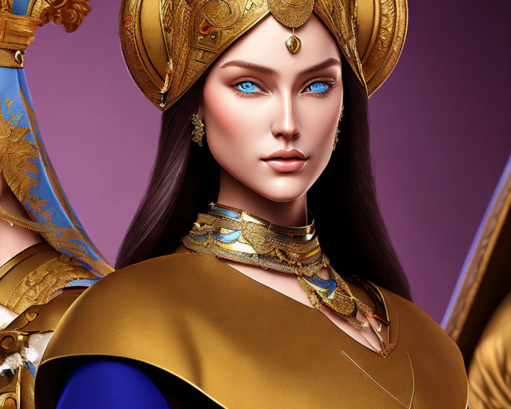 Digital Artwork: Woman in Golden Armor with Striking Blue Eyes