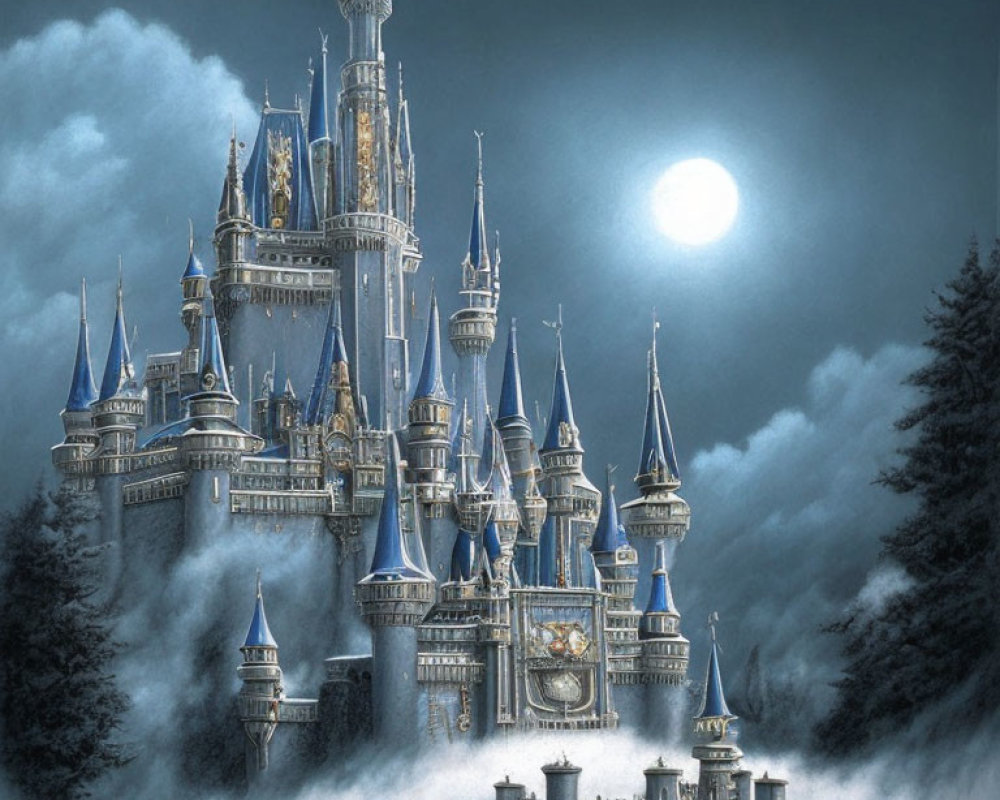 Mystical castle with spires under full moon and misty bridge