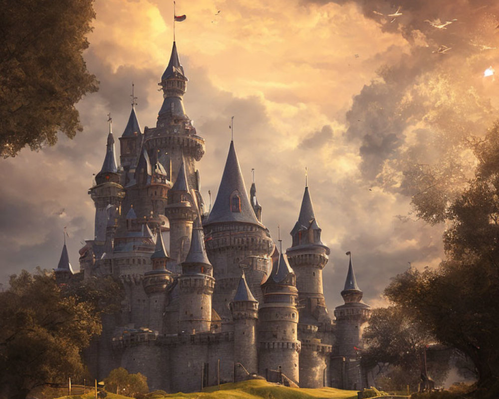 Fantasy castle with spires under dramatic sky and floating ships