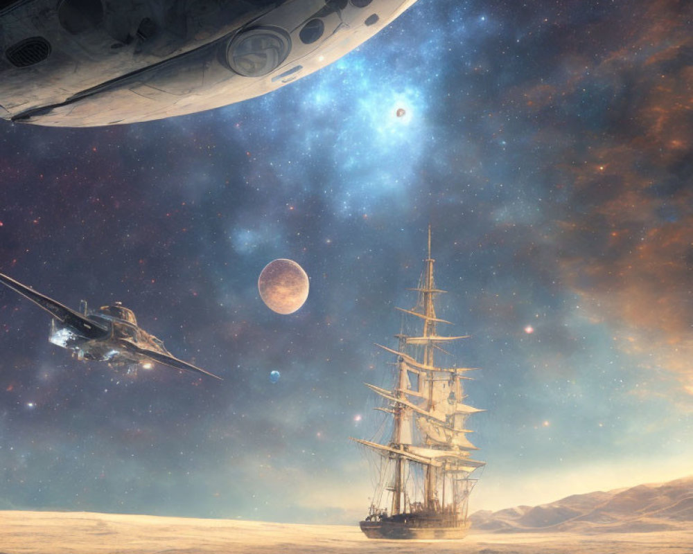 Sailing ship in desert under starry sky with spaceships.