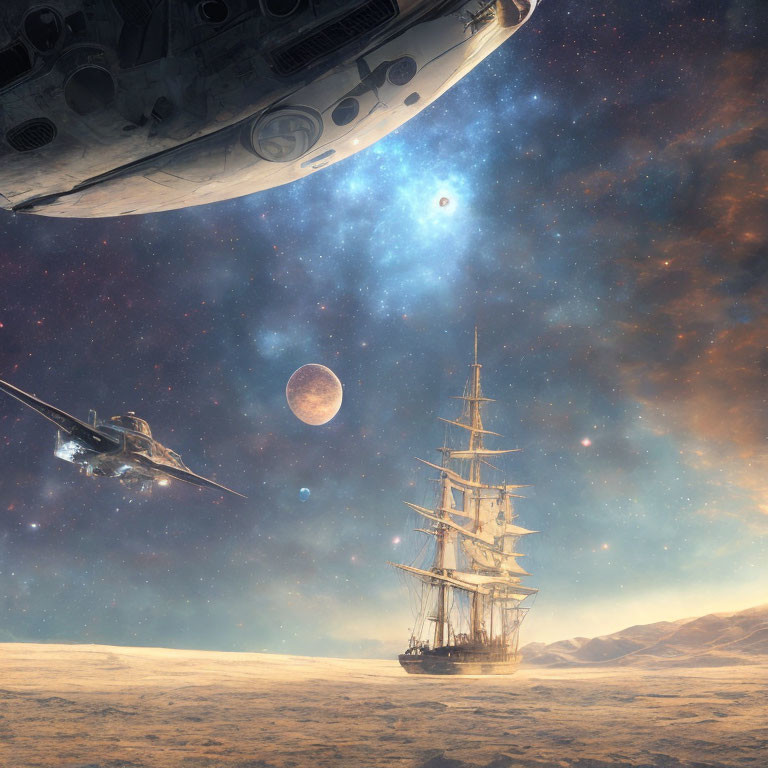 Sailing ship in desert under starry sky with spaceships.