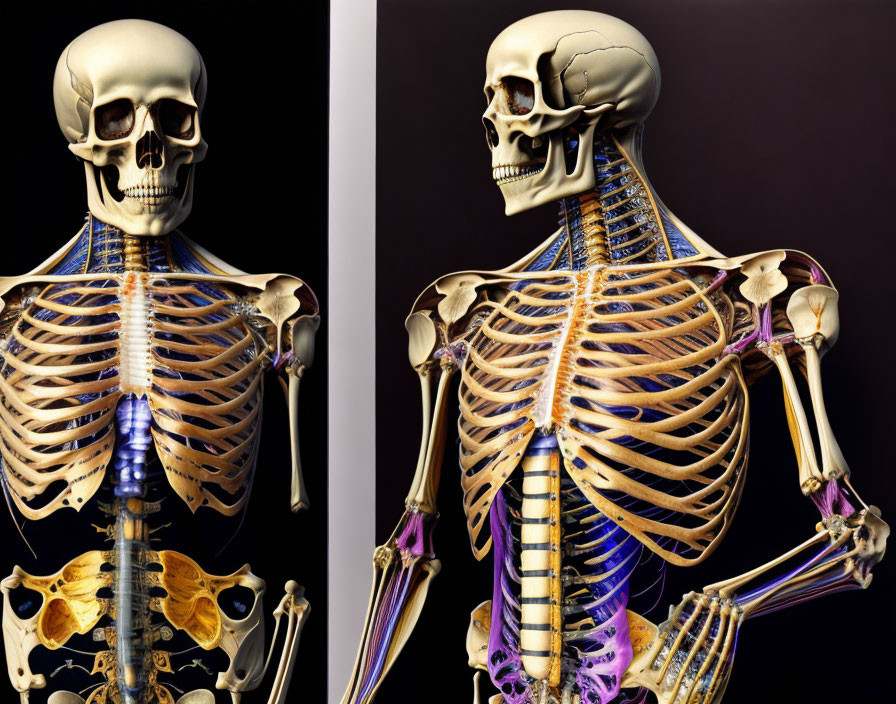 Detailed Human Skeleton Anatomy with Muscles and Nervous System on Dark Background