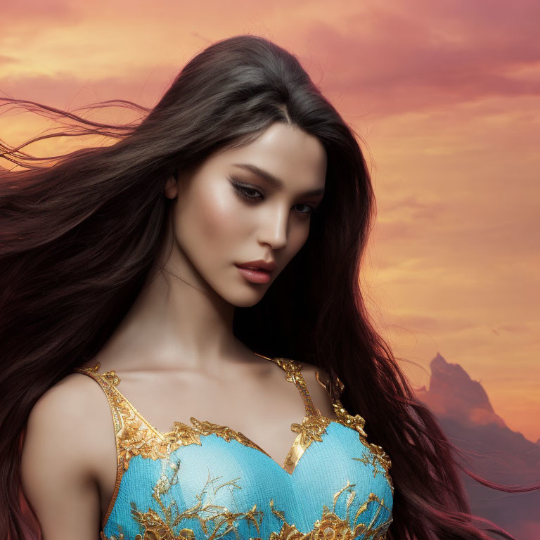 Woman with Dark Hair in Blue Dress with Golden Embroidery, Sunset Sky & Mountains