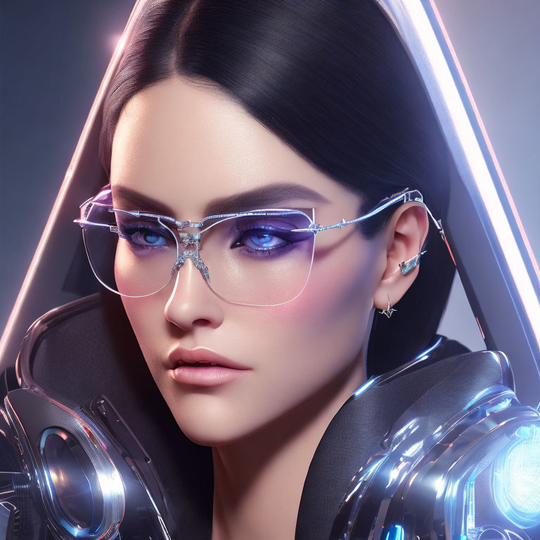 Woman with Blue Eyes in Futuristic Glasses and Earrings Surrounded by Neon Lights