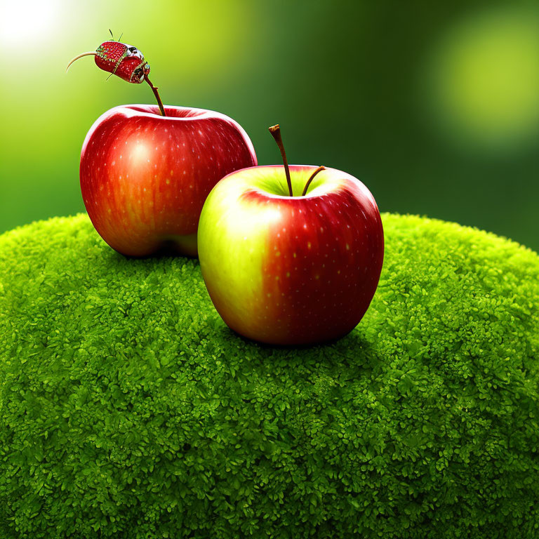 Red apples and ladybug on mossy surface with green background