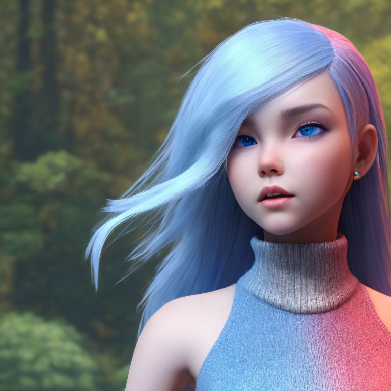 Blue-haired female character in high-neck sweater against forest backdrop