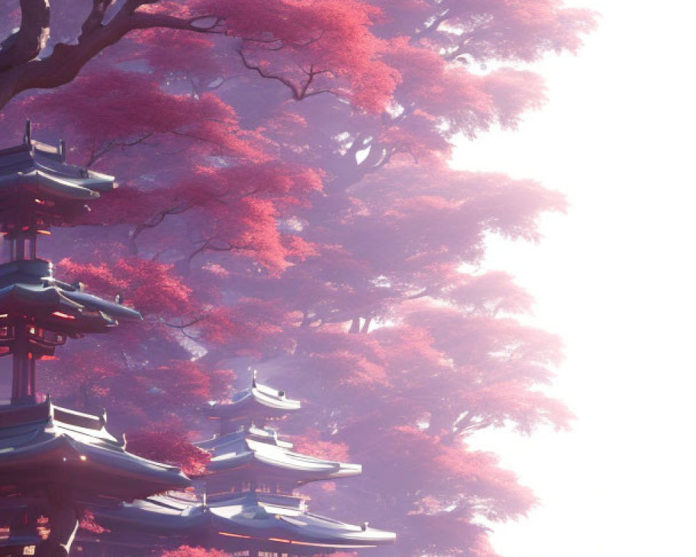 Traditional pagoda surrounded by pink blossoming trees near calm lake with figure.