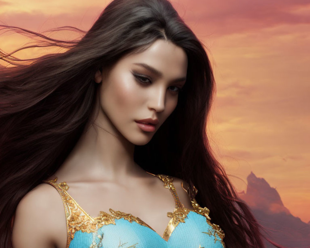 Woman with Dark Hair in Blue Dress with Golden Embroidery, Sunset Sky & Mountains