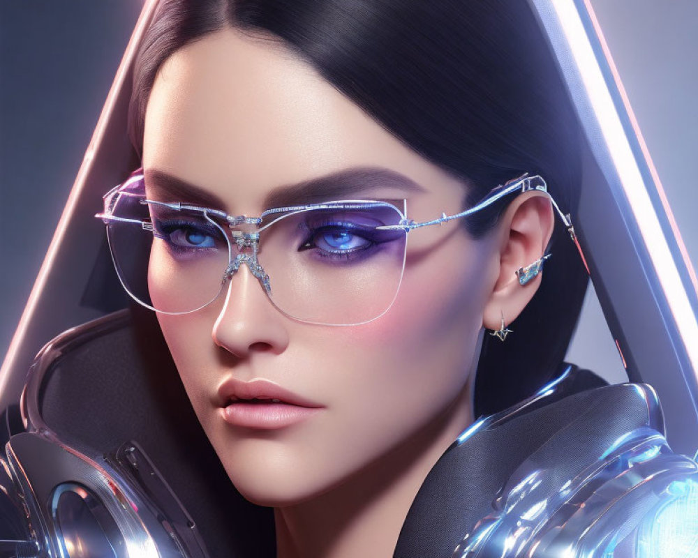 Woman with Blue Eyes in Futuristic Glasses and Earrings Surrounded by Neon Lights