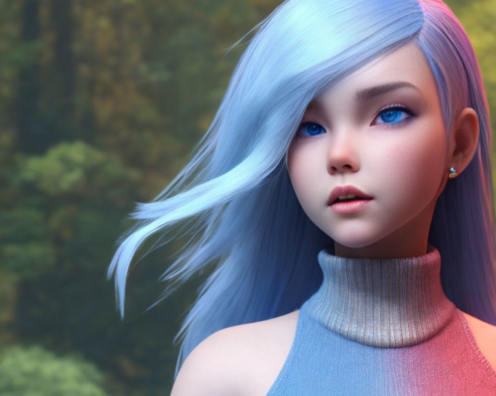 Blue-haired female character in high-neck sweater against forest backdrop