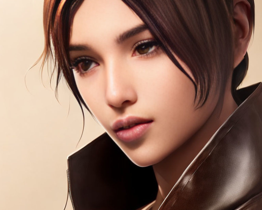 Portrait of person with short dark hair in brown leather jacket