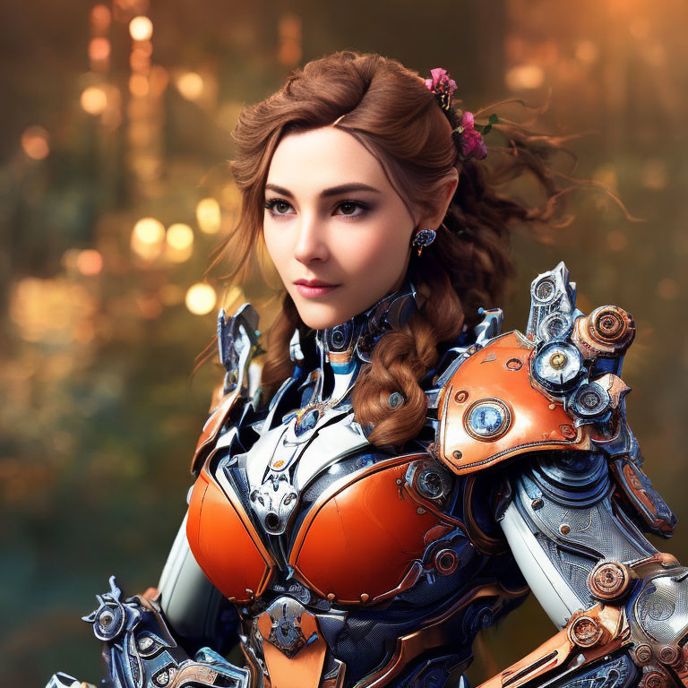 Portrait of Woman in Medieval-Futuristic Armor with Nature Background