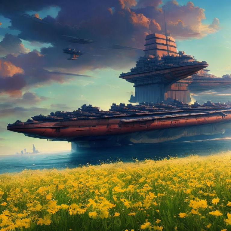 Futuristic airship above yellow flower field with smaller crafts in serene sky