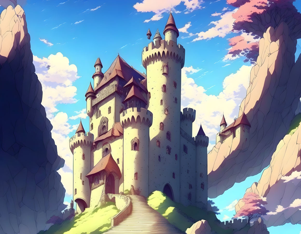 Illustration of grand castle on lush hill at sunrise or sunset