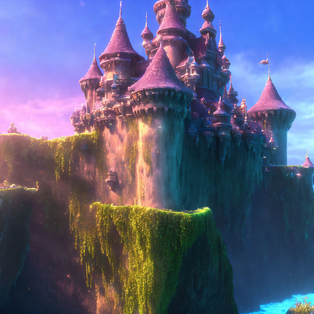 Fantastical castle with multiple spires on moss-covered cliff at twilight