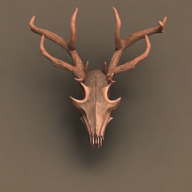 Symmetrical Deer Skull with Full Antler Rack on Brown Background