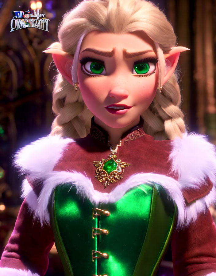 3D animated female elf with green eyes and blonde hair