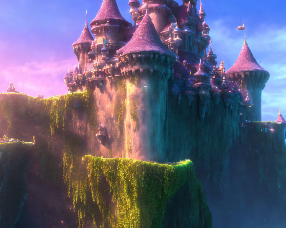 Fantastical castle with multiple spires on moss-covered cliff at twilight