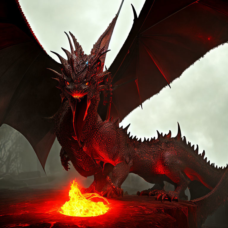 Red dragon with large wings and spikes near lava pool in volcanic landscape