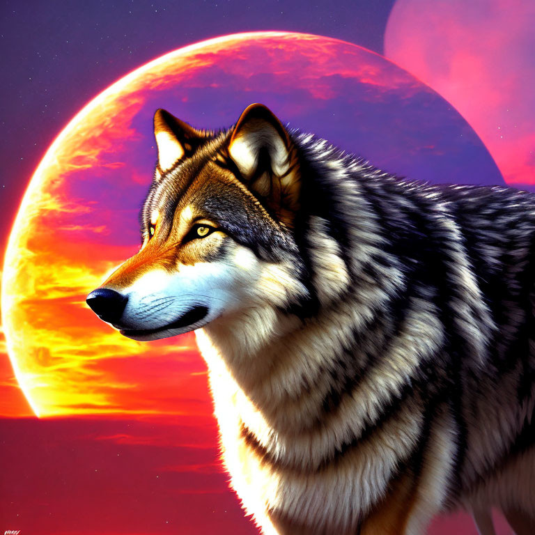 Majestic wolf with lush coat against red sun and crimson sky