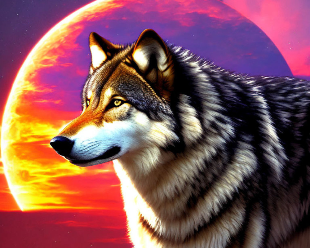 Majestic wolf with lush coat against red sun and crimson sky