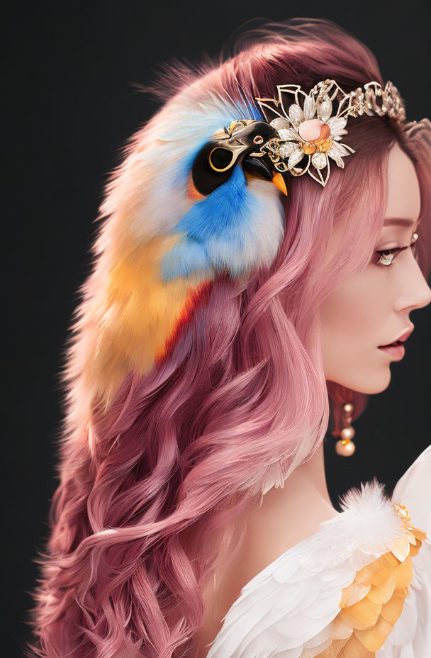 Surreal image: Woman with pink hair merged with bird plumage