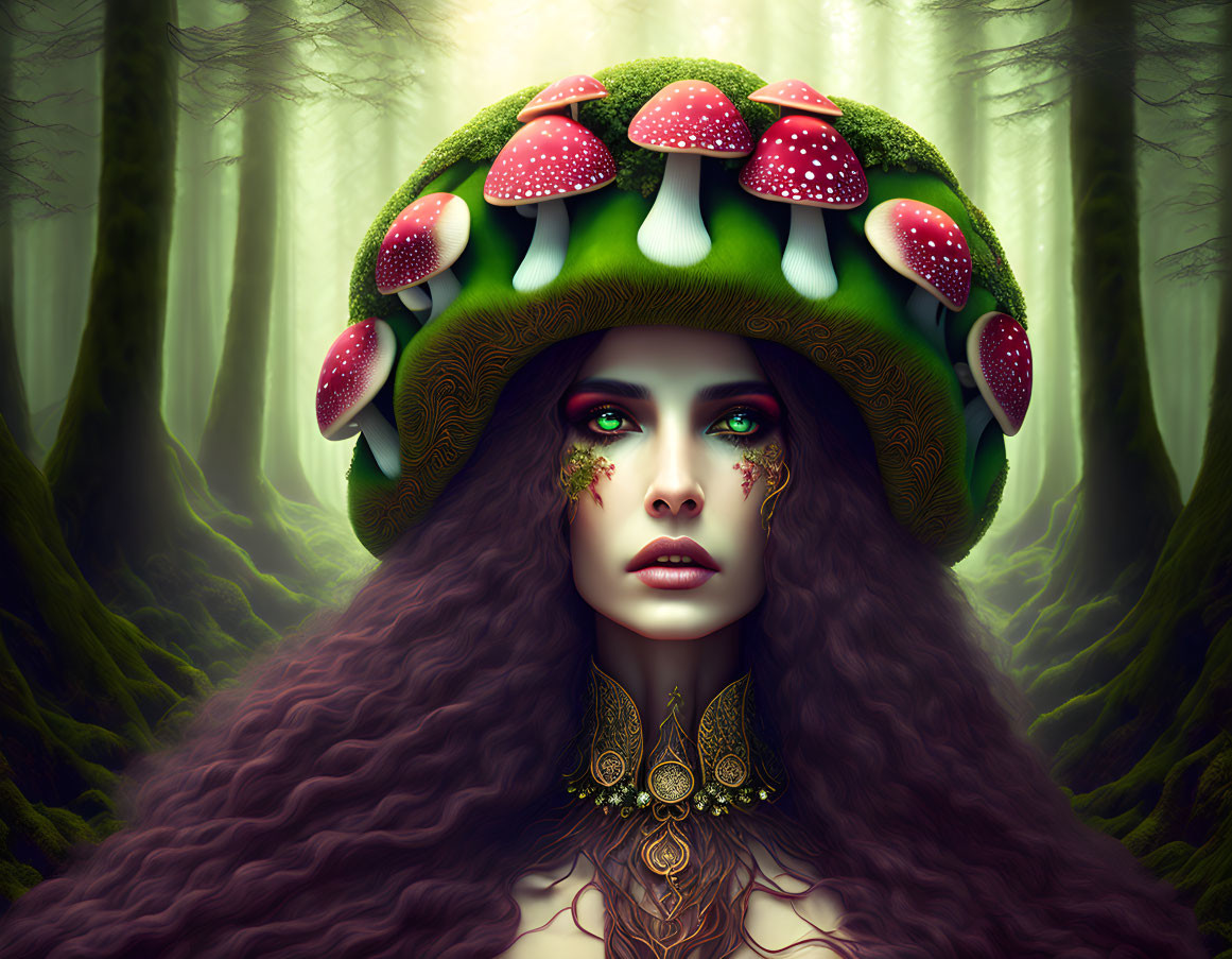 Woman with Mushroom Cap Hat in Enchanted Forest Setting