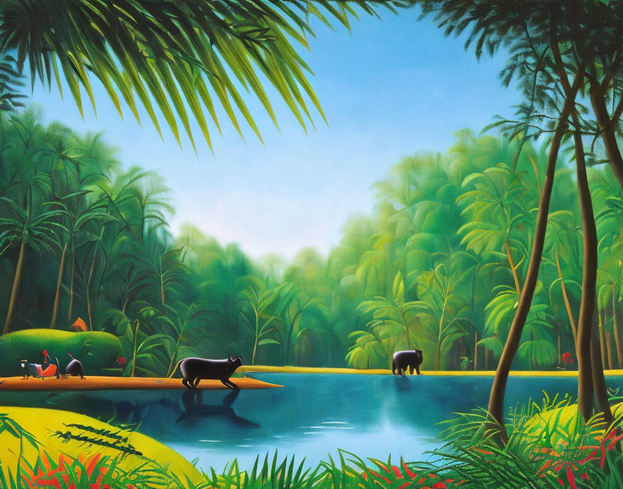 Tranquil Tropical Landscape with Elephants, Lake, and Birds