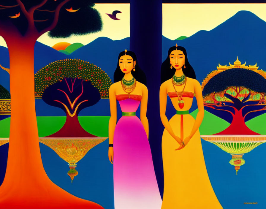 Stylized painting of two women in colorful landscapes