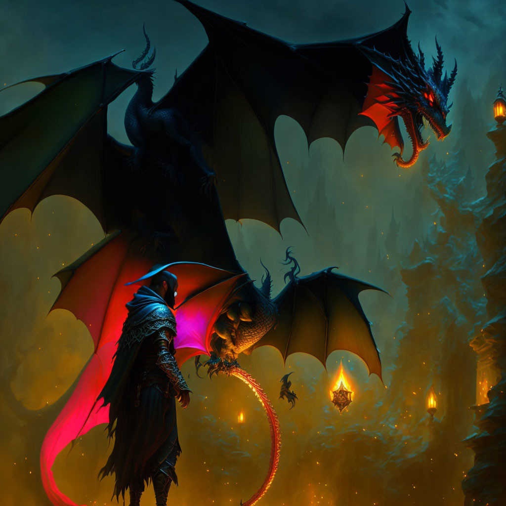 Cloaked figure confronts giant dragon among fiery lanterns and soaring dragons in dark fantasy scene