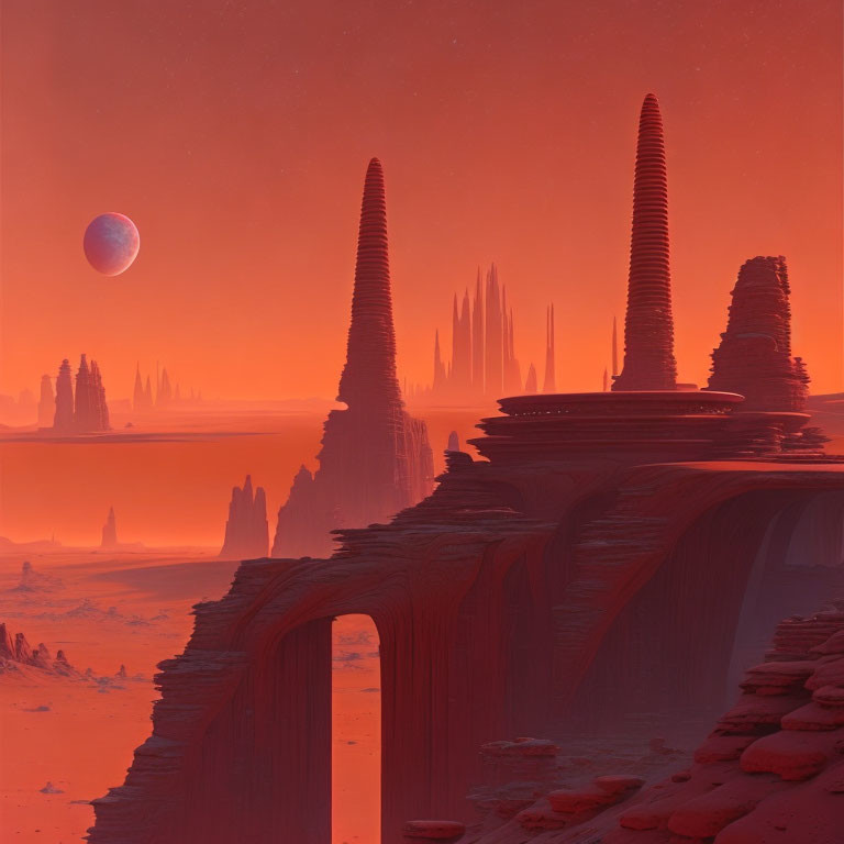 Surreal red landscape with towering spires and distant planet