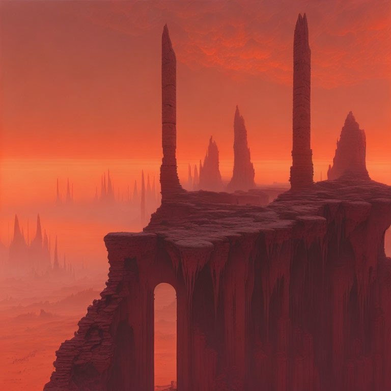 Surreal Martian landscape with towering spires and cliffs