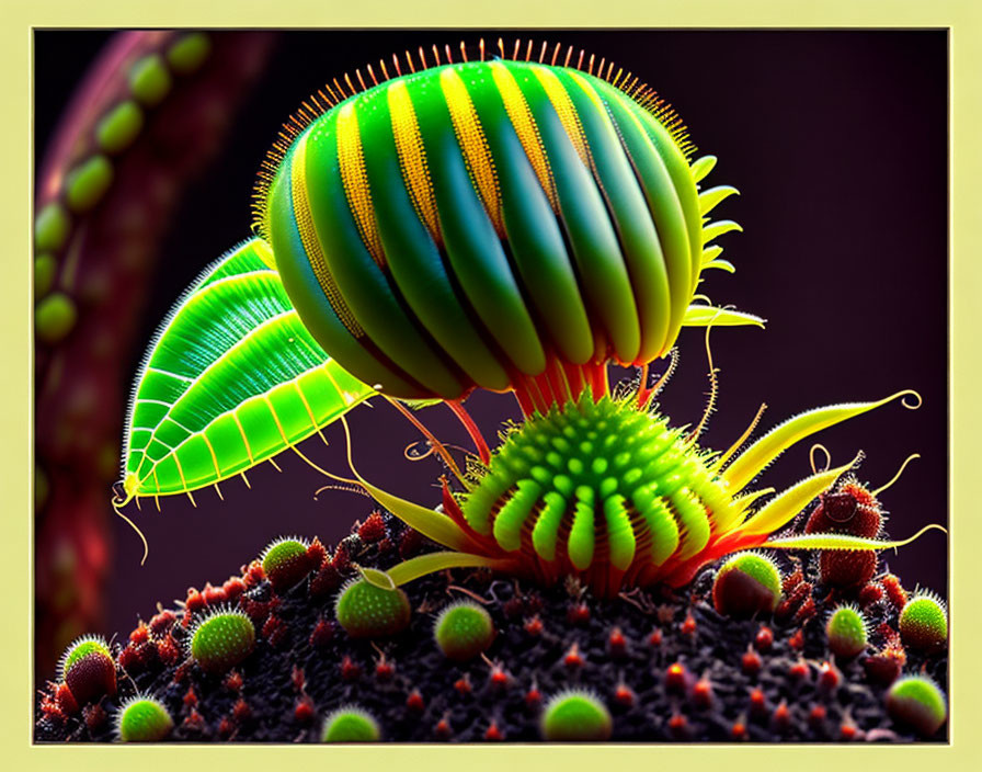 Colorful stylized digital artwork of a fantastical plant with segmented green leaves and a spiky