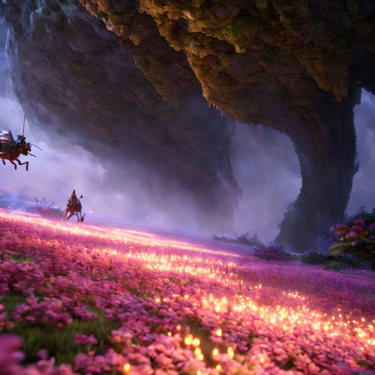 Enchanted forest scene with two knights on glowing pink path